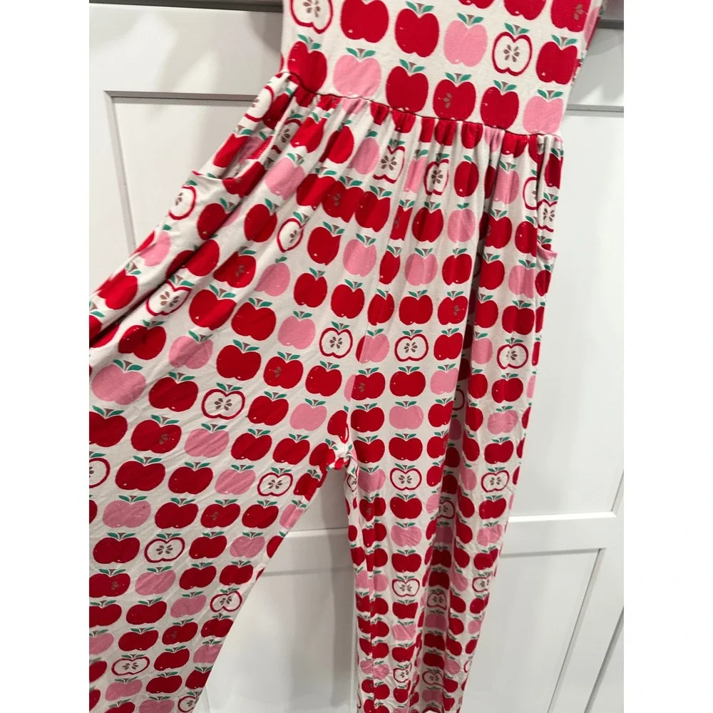 SweetHoney Girls Apple Print Jumpsuit Red Pink Short Sleeve Wide Leg Size 9Y